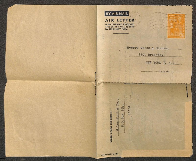 GOLD COAST H&G F2 AEROGRAMME STATIONERY MARKS & CLERK ACCRA TO USA 1950