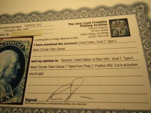 US Stamps, Scott #7 Used,Type II 1851, SCV $110.00, w/Richard Doporto Certificat