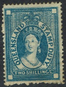 QUEENSLAND 1871 QV CHALON STAMP DUTY 2/- WITH CERTIFICATE WMK CROWN/Q