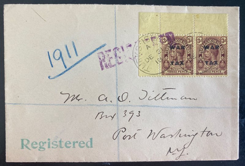1918 Turks & Caicos Island Registered Cover To Port Washington NY USA Tax Stamp 