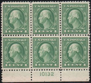 US #498 PLATE BLOCK, VF to SUPERB JUMBO, mint hinged, 4 outer stamps are Neve...