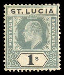 St. Lucia #55 Cat$50, 1905 1sh green and black, hinged, slight overall gum to...