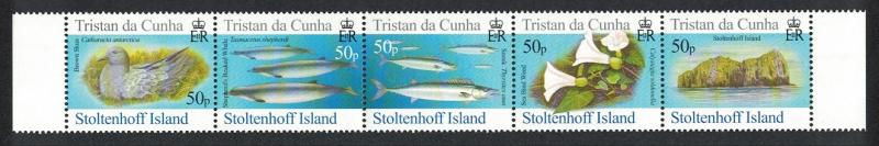 Tristan da Cunha Birds Fish Marine Life Plants Stoltenhoff Island strip of 5v