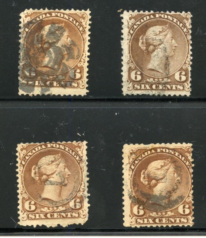 CANADA LOT OF FOUR USED SCOTT#27 QUEEN VICTORIA SIX CENT BROWN