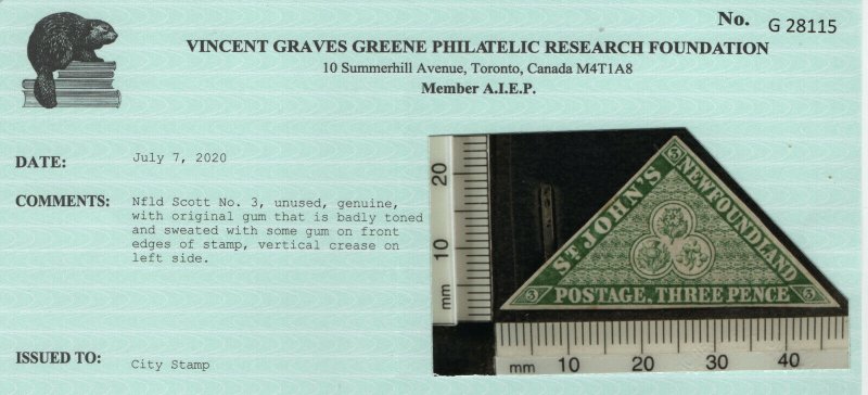 Newfoundland #3 Mint Fine - Very Fine Full Original Gum Hinged **With Cert.*