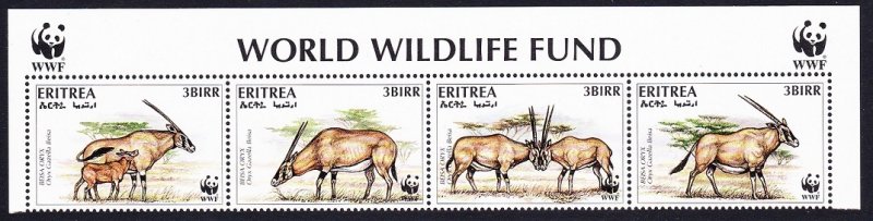 Eritrea WWF Beisa Oryx Strip of 4v WWF Logo 1996 MNH SC#261 a-d SG#319-322