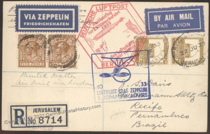 British Israel Palestine 1933 Zeppelin 3rd SAF Si219 Cover UNLISTED Frank 109235