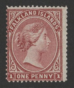 FALKLAND ISLANDS 1878 QV 1d claret no wmk, thin paper. SG 1 cat £750. Rare.