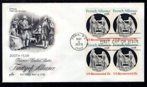 US 1753 French Alliance Block of Four Artcraft U/A FDC