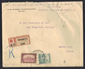 HUNGARY TO US 1922 REG BUDAPEST FROM PRESIDENT OF THE ROYAL HUNGARIAN UNIVSTY TO