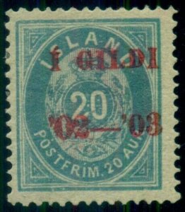 ICELAND #62 (47c) 20aur gray blue, p.14 x 13½, Red I GILDI Ovpt, LH, Eldrup cert