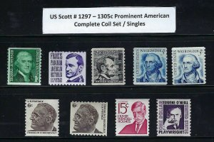 US Scott # 1297 - 1305c Prominent Americans Set of 9 Coil Singles MNH Stamp