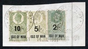 Isle of Man KGVI 10/- + 5/- + 2/- Key Plate Type Revenues CDS on Piece