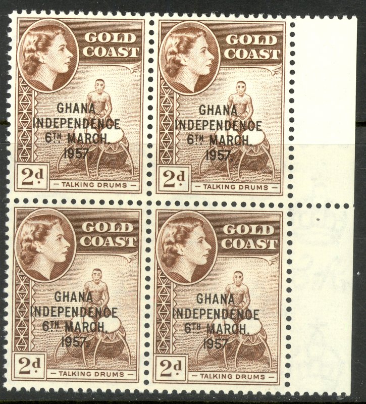 GHANA 1958 2d INDEPENDENCE OVPT Block of 4 Sc 25 MNH DRUMS