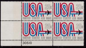 United States 1968  20cent USA & Plane Plate Number Block VF/NH