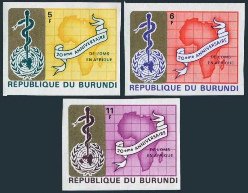 Burundi 269-271 & imperf,MNH.Mi 466-468. WHO in Africa,20th Ann.1969.Emblem,Map.