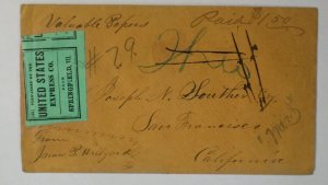 1860s US Mint San Francisco Forwarded United States Expres Label Springfield IL