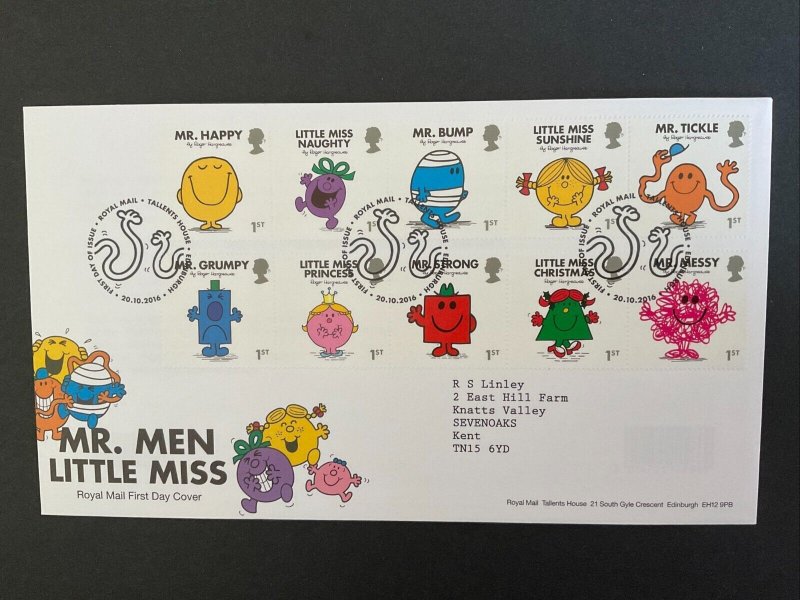 GB 2016 Mr. Men Little Miss Set on First Day Cover with Tallents House S/H/S