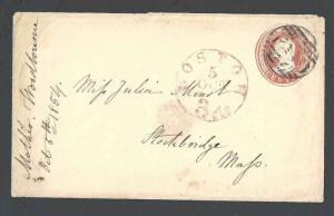 1853 U3 Used Entire 3c Red On White Size 7 Die 2 W/Red Boston 3c Paid Cancel