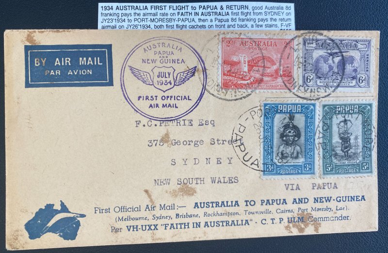 1934 Sydney Australia First Flight Airmail Cover FFC To Papua New Guinea