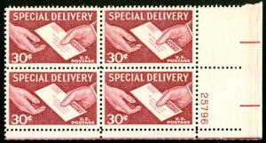 US #E21 PLATE BLOCK, VF/XF mint never hinged, post office fresh,  SUPER COLOR!