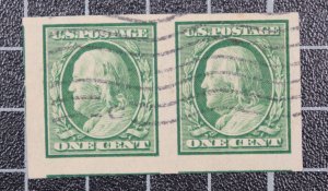 Scott 383 1 Cent Franklin - Used - Imperf Pair SCV - $6.00