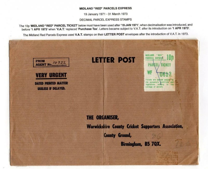 MIDLAND 'RED' PARCELS EXPRESS 10p STAMP USED ON COVER