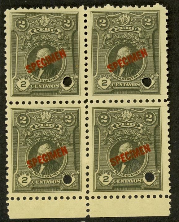 PERU 1922 2c Rivadeneyra Portrait BLOCK OF 4 Ovptd SPECIMEN ABNC Punch Sc 242 NH