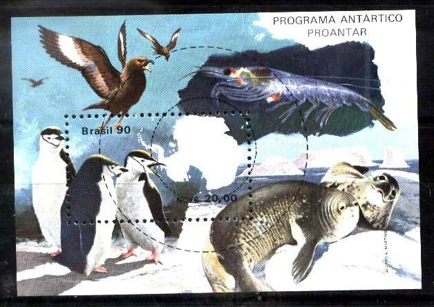 BRASIL BRAZIL 1990 ANTARCTIC ANTARTICA FAUNA BIRDS,MAP S/S YV BL 81 MI 82