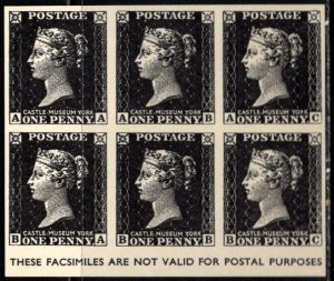 Vintage Great Britain Poster Stamp One Penny Black Facsimile Block of 6 MNH