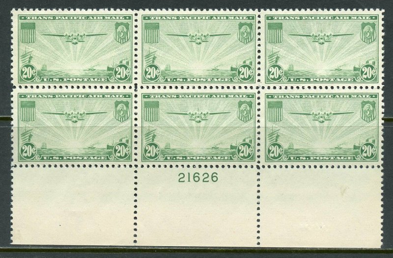 UNITED STATES 20c CLIPPER SCOTT#C21  PLATE BLOCK OF SIX MINT NEVER  HINGED