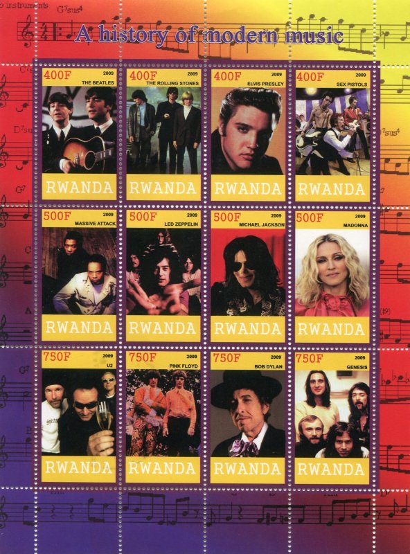 Rwanda 2009 BEATLES MADONNA PRESLEY ROLLING STONES Sheet Perforated Mint (NH)