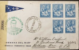 Argentina Sea Ship Naval League Censored FDC 1944 SAN JUAN EARTHQUAKE 