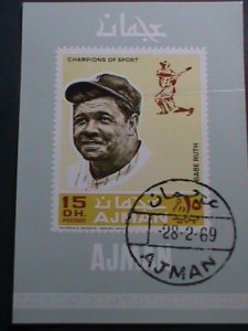 ​AJMAN-1969 CHAMPIONS OF SPORT-BASE BALL-BABY RUTH-IMPERF:CTO-S/S VERY FINE