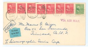 US 804/806 October 1938 a 1c Washington + 2c Adams (x7) (both part of the Prexy series) paid the 15c per half ounce airmail rate