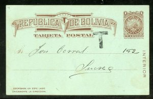 BOLIVIA LA PAZ 2/18/1892 CEFILCO# 3 TAXED T TO SUCRE STATIONERY CARD AS SHOWN