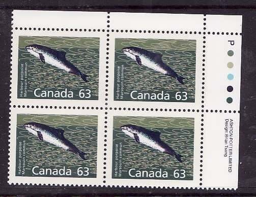 Canada-Sc#1176a-Unused NH 63c Harbour Porpoise-id2-plate block UR-perf 13.1-1990