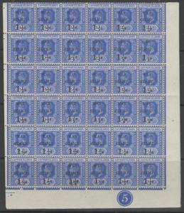 CAYMAN ISLANDS SG54 1917 1½d on 2½d DEEP BLUE PLATE 5 BLOCK OF 36 MNH