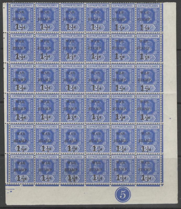 CAYMAN ISLANDS SG54 1917 1½d on 2½d DEEP BLUE PLATE 5 BLOCK OF 36 MNH