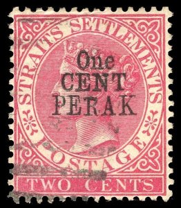 Malaya - Perak 1889 QV 1c on 2c bright rose SHORT R variety VFU. SG 37c.