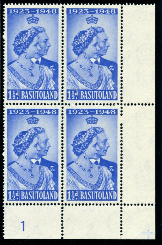 Basutoland 1948 KGVI Silver Wedding 1½d ultramarine PLATE 1 block MNH. SG 36.