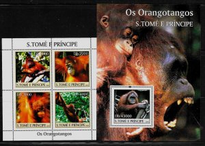 St. THOMAS & PRINCE ISL. -minisheet+s/s issue of 2004 - WILD ANIMALS - ORANGUTAN