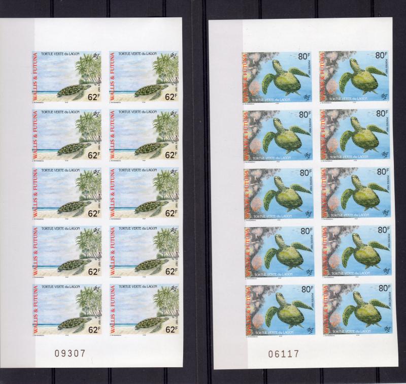 Wallis and Futuna 1997 Sc#496/497 GREEN LAGOON TURTLES Block of 10 IMPERFORATED