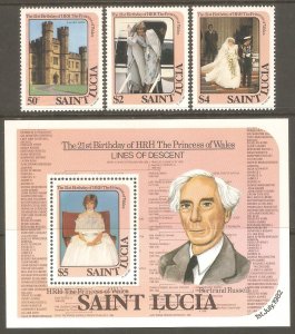 SAINT LUCIA Sc# 591 - 594 MNH FVF Set-3+Souv Sht Bertrand Russell Princess Diana