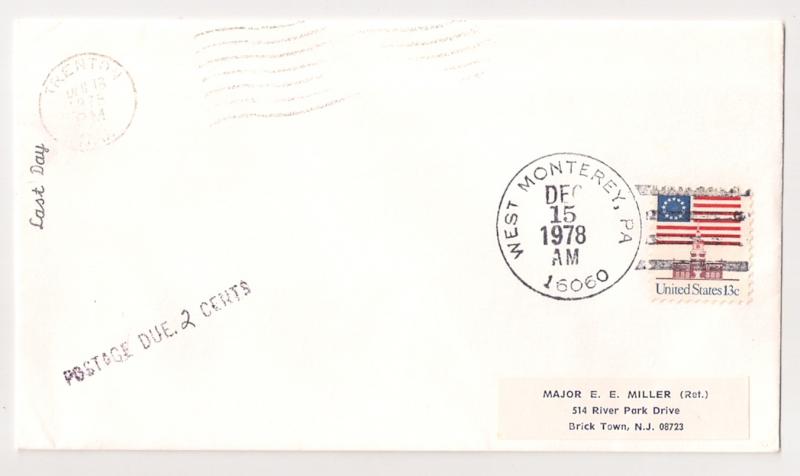 13c Flag #1622 on WEST MONTEREY PA last day cover w Post Due