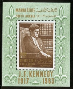 SOUTH ARABIA MAHRA STATE JOHN F. KENNEDY MEMORIAL SOUVENIR SHEET  MINT NH 