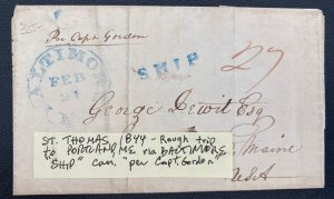 1844 St Thomas VI Letter Stampless Maritime Mail Cover To Portland Me USA