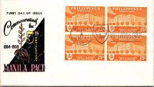 Philippines FDC 1959 - Manila Pact 5th Anniv - 4x25c Stamp - Block - F43382