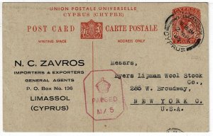 Cyprus 1945 Limassol cancel on postal card to the U.S., censored