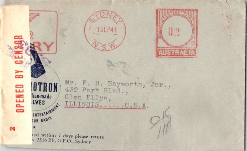 Australia 2d Meter 1941 Sydney, N.S.W. Australia Meter to Glen Ellyn, Ill.  I...